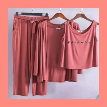 New 3 Pcs Printed Half Sleeves Shirt And Printed Trouser with gown Night Wear