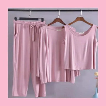 New 3 Pcs plain Half Sleeves Shirt And Printed Trouser with gown Night Wear