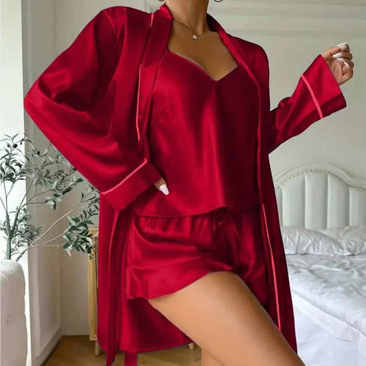 3-Piece Short Slit Silk Nighty Set – Luxurious Nightwear for Women