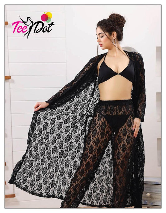 4-Piece Long Net Nighty Set in Grey – Luxurious Nightwear for Women