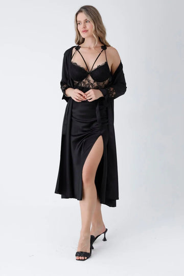 6-Piece Long Slit Silk Nighty Set in Black – Luxurious Nightwear for Women