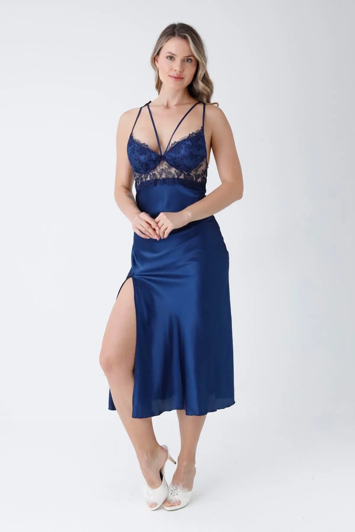 6-Piece Long Slit Silk Nighty Set in Blue – Luxurious Nightwear for Women