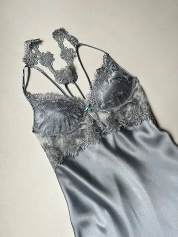6-Piece Long Slit Silk Nighty Set in Grey – Luxurious Nightwear for Women