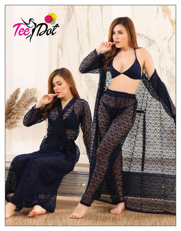 4-Piece Long Net Nighty Set in Grey – Luxurious Nightwear for Women