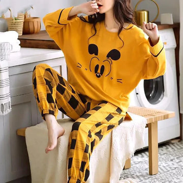 Yellow New Printed Half Sleeves Shirt And  Printed Trouser Night Wear