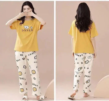 Yellow New Printed Half Sleeves Shirt And White Printed Trouser Night Wear