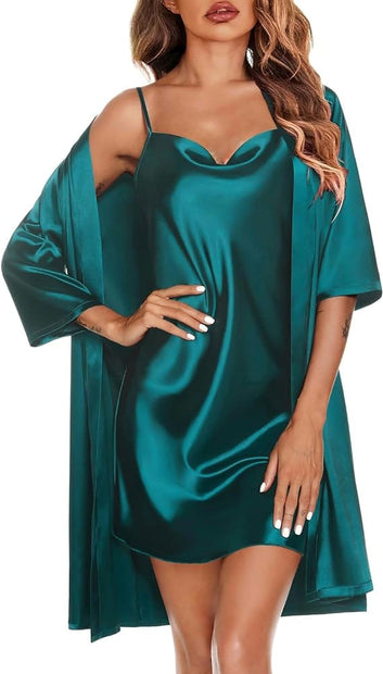 2 -Piece Long Slit Silk Nighty Set – Luxurious Nightwear for Women
