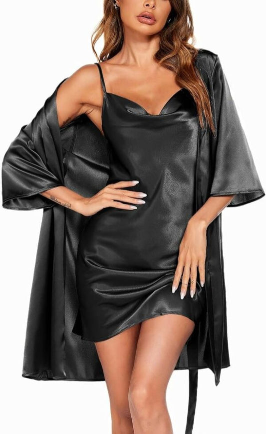 2 -Piece Long Slit Silk Nighty Set – Luxurious Nightwear for Women