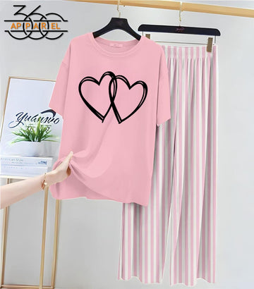 New double heart Printed Half Sleeves Shirt And Printed Trouser Night Wear