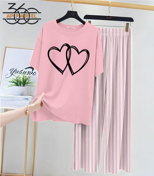New double heart Printed Half Sleeves Shirt And Printed Trouser Night Wear