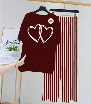 New double heart Printed Half Sleeves Shirt And Printed Trouser Night Wear