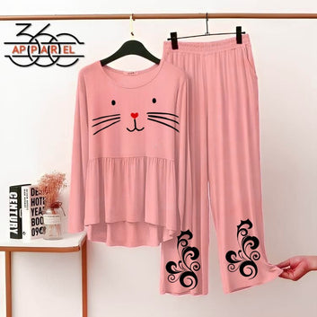 New cat Printed Half Sleeves Shirt And Printed Trouser Night Wear