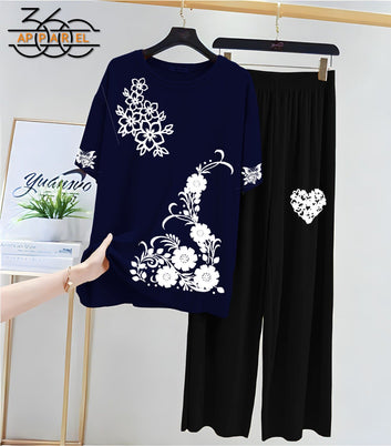 New flower Printed Half Sleeves Shirt And Printed Trouser Night Wear