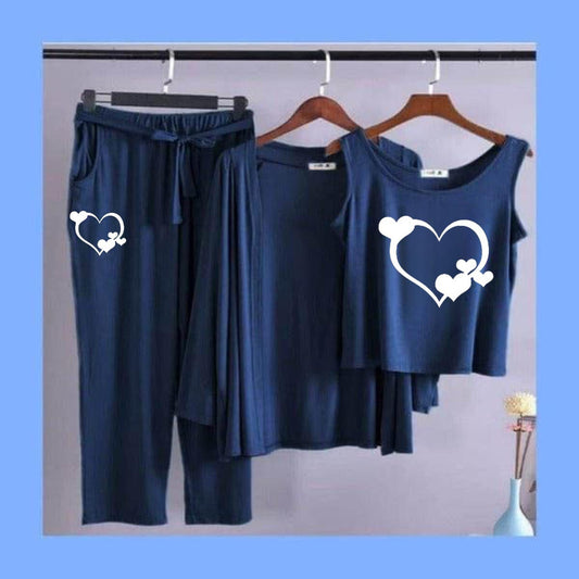 New 3 Pcs Printed Half Sleeves Shirt And Printed Trouser with gown Night Wear