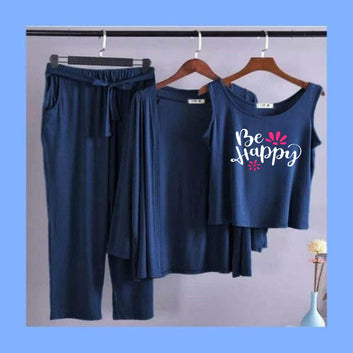 New 3 Pcs Printed Half Sleeves Shirt And Printed Trouser with gown Night Wear