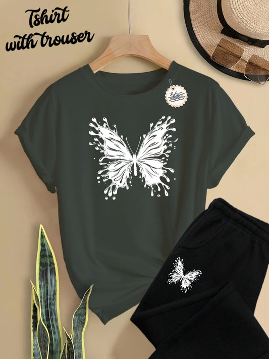 New butterfly Printed Half Sleeves Shirt And Printed Trouser Night Wear