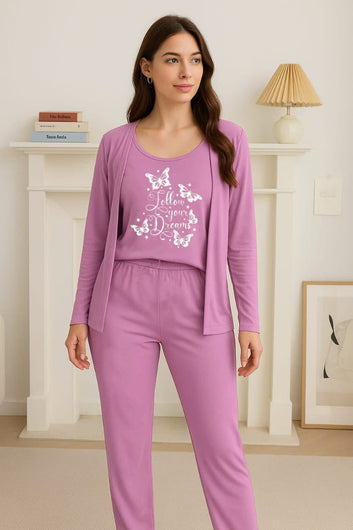 New 3 Pcs Printed Half Sleeves Shirt And Printed Trouser with gown Night Wear