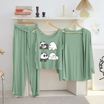 New 3 Pcs Printed Half Sleeves Shirt And Printed Trouser with gown Night WearNew 3 Pcs Printed Half Sleeves Shirt And Printed Trouser with gown Night Wear