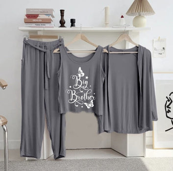 New 3 Pcs Printed Half Sleeves Shirt And Printed Trouser with gown Night Wear