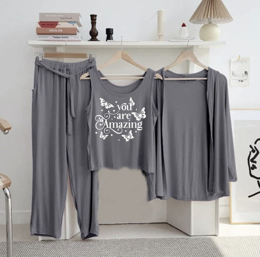 New 3 Pcs Printed Half Sleeves Shirt And Printed Trouser with gown Night Wear