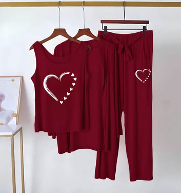 New 3 Pcs Printed Half Sleeves Shirt And Printed Trouser with gown Night Wear