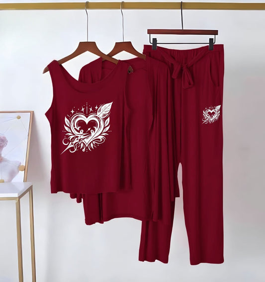 New 3 Pcs Printed Half Sleeves Shirt And Printed Trouser with gown Night Wear
