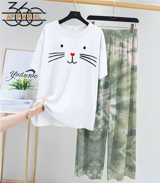 New cat Printed Half Sleeves Shirt And Printed Trouser Night Wear